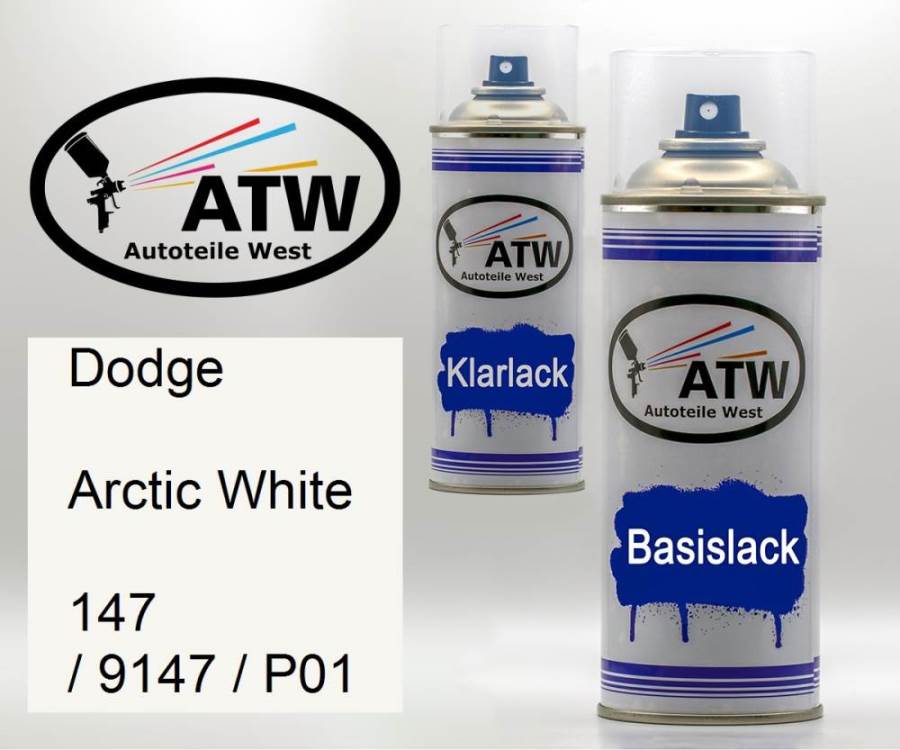 Dodge, Arctic White, 147 / 9147 / P01: 400ml Sprühdose + 400ml Klarlack - Set, von ATW Autoteile West.